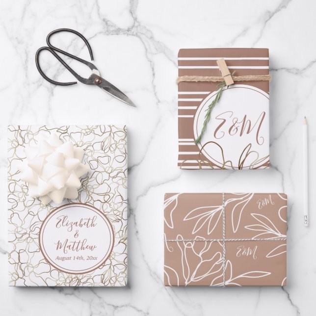 Feuille De Papier Cadeau Noms personnalisés Mariage Brun Mousse au Café (Recto)