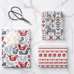 Feuille De Papier Cadeau Nordic Folk Art Rouge Bleu Oiseaux Fleurs Dala che