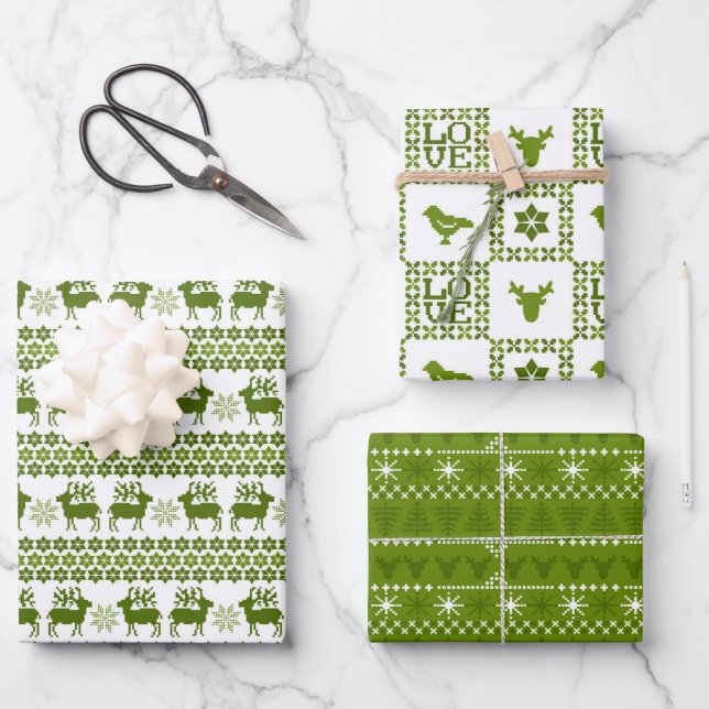 Feuille De Papier Cadeau Nordic Vacances Motif Vert & Blanc (Recto)