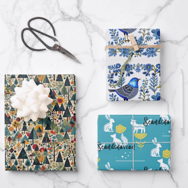 Feuille De Papier Cadeau Norvège, Scandi, arbres, oiseaux, animaux (Recto)