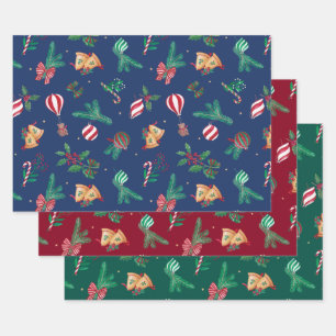 Feuille De Papier Cadeau Nostalgique Noël Nounours Baubles Holly Bows