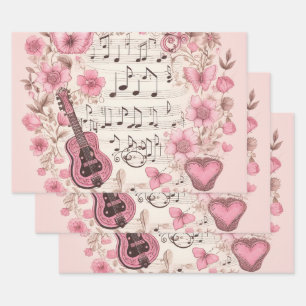 Feuille De Papier Cadeau Notes de musique et Fleurs style rétro