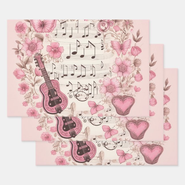 Feuille De Papier Cadeau Notes de musique et Fleurs style rétro (Lot)