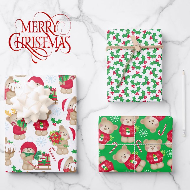 Feuille De Papier Cadeau Nounours doux 3 Coordination Noël (Créateur téléchargé)