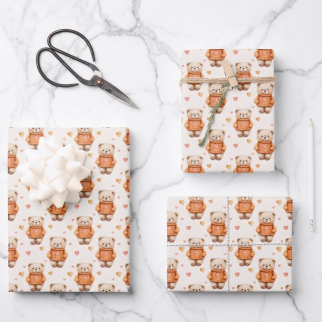 Feuille De Papier Cadeau Nounours en chandail orange (Recto)