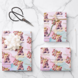 Feuille De Papier Cadeau Nounours en peluche rose couronne d'or Joyeux Anni
