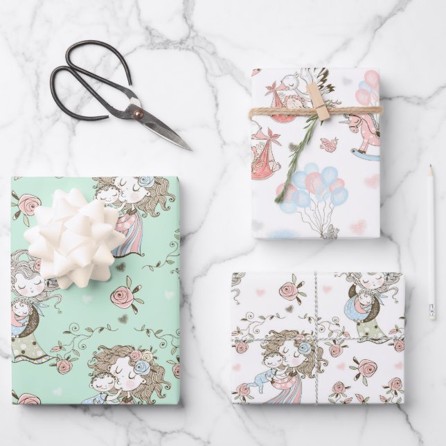 Feuille De Papier Cadeau Nouveau Baby shower bébé maman et bébé (Recto)