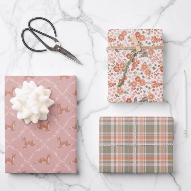 Feuille De Papier Cadeau Nouveau bébé - Leaping Fawn en rose (Recto)