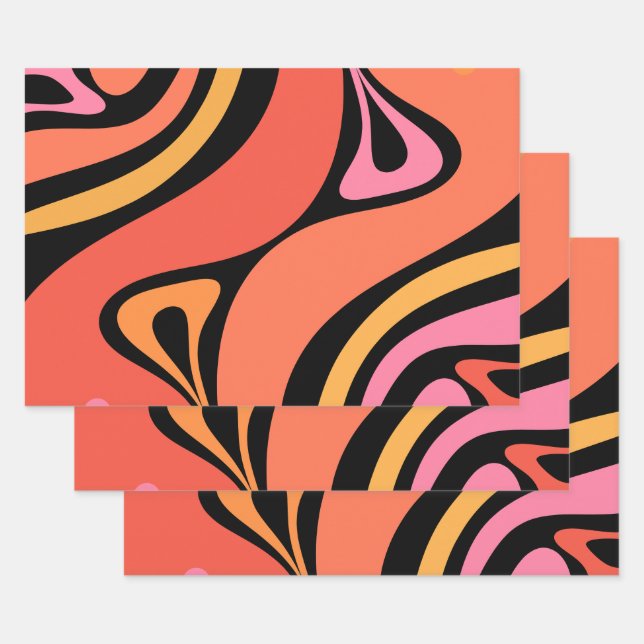 Feuille De Papier Cadeau Nouveau Groove Abstrait rétro moderne rose orange  (Lot)