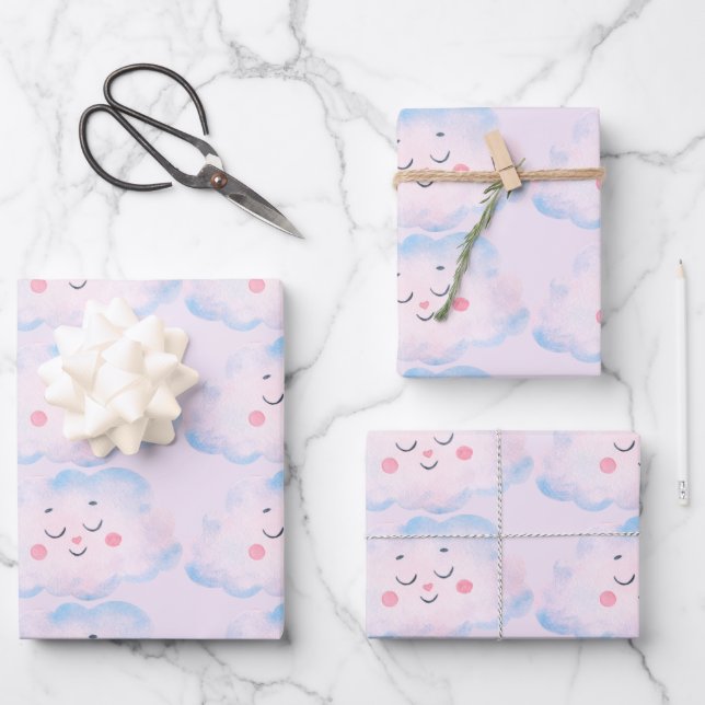 Feuille De Papier Cadeau Nuages roses Pastel Baby sur rose (Recto)