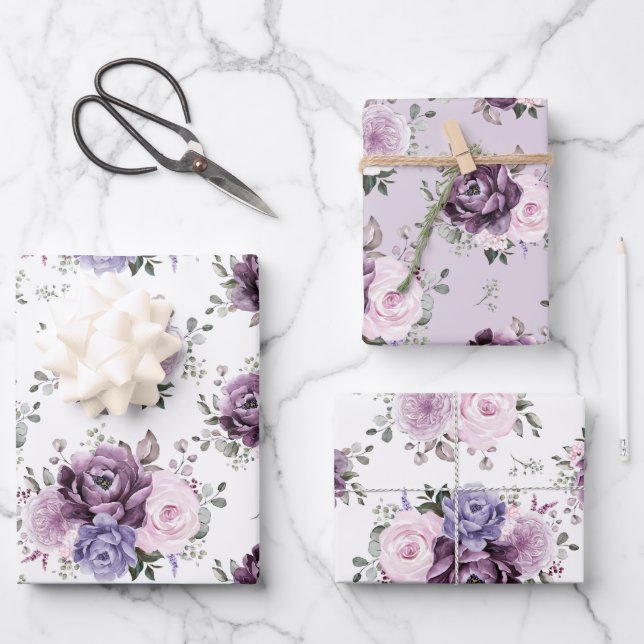 Feuille De Papier Cadeau Nuances de pourpre Dusty fleurs Moody Floral Maria (Recto)