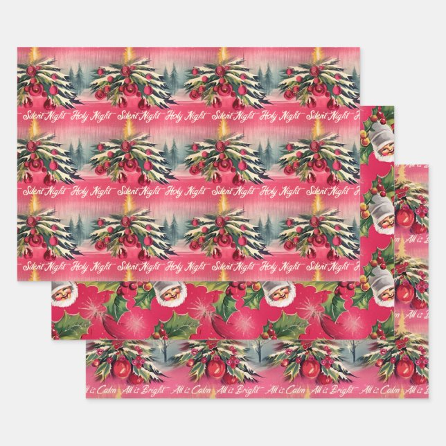Feuille De Papier Cadeau Nuit silencieuse de Noël rétro (Lot)