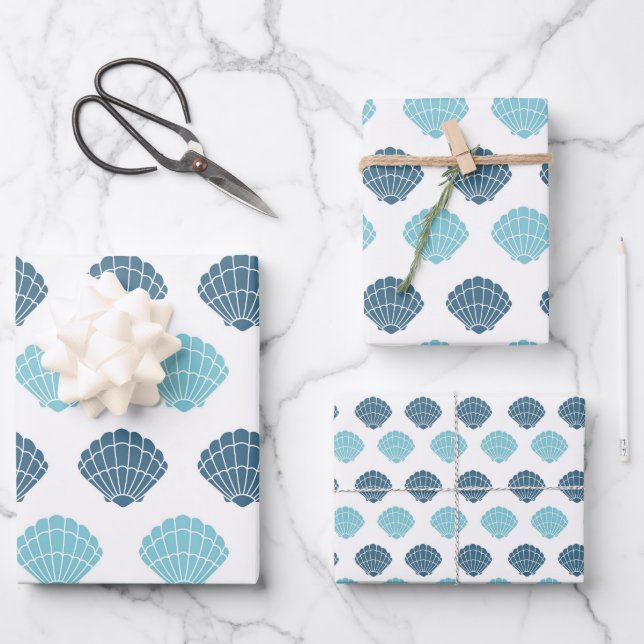 Feuille De Papier Cadeau Ocean Beach Seashells Motif bleu thème (Recto)