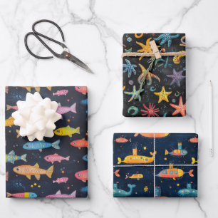 Feuille De Papier Cadeau Ocean Life Fish, Sea Star, Dessin sous-marin de ca