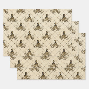 Feuille De Papier Cadeau Octopus vintage sur crème