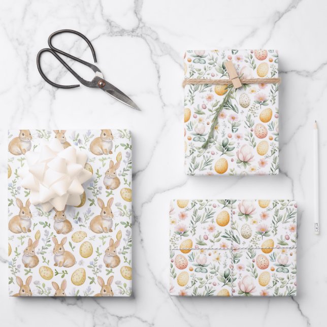 Feuille De Papier Cadeau Oeufs de Lapin de Pâques Florales  (Recto)