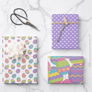 FEUILLE DE PAPIER CADEAU OEUFS DE PÂQUES COLORÉS PASTEL & POIS PURPLE
