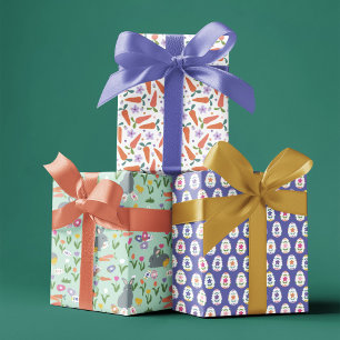 Feuille De Papier Cadeau Œufs de Pâques Lapins et carottes Motifs de Pâques