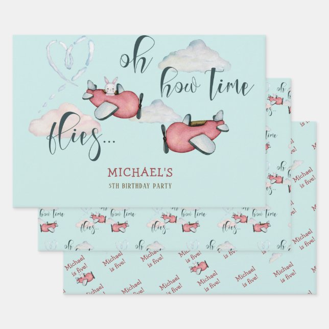 Feuille De Papier Cadeau Oh comment le temps vole rétro avion garçon annive (Lot)