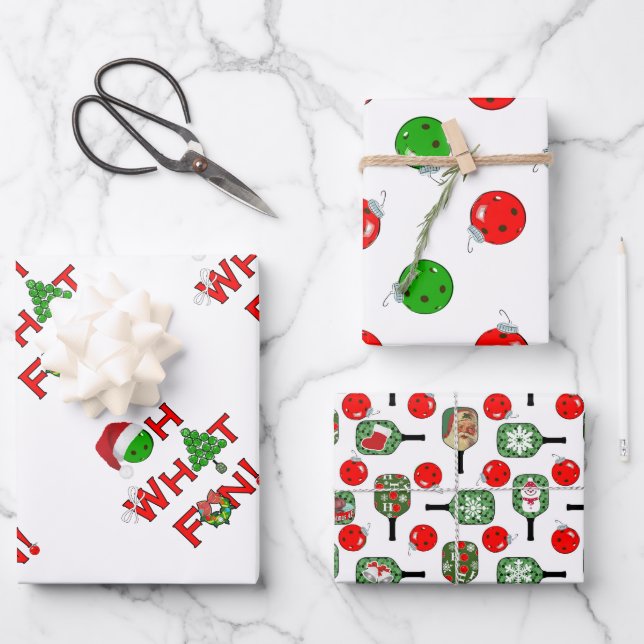 Feuille De Papier Cadeau Oh What Fun Christmas Pickleball Vert et Blanc (Recto)