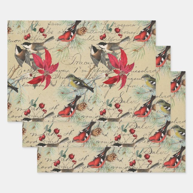 Feuille De Papier Cadeau Oiseau de Noël et Poinsettia rouge (Lot)