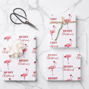 Feuille De Papier Cadeau Oiseau de Noël rose Flamant rose avec chapeau de P