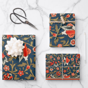 Feuille De Papier Cadeau Oiseau et fleurs Perse Motif bleu rouge
