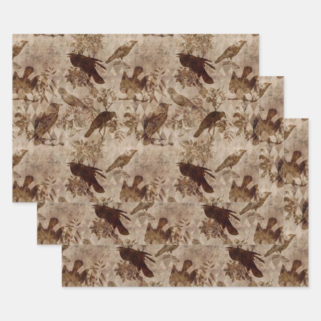 Feuille De Papier Cadeau Oiseaux Brown et branches (Lot)