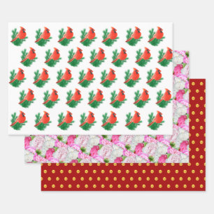 Feuille De Papier Cadeau Oiseaux cardinaux, fleurs de pivoine et confettis