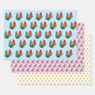 Feuille De Papier Cadeau Oiseaux cardinaux, fleurs de pivoine et pois dorés