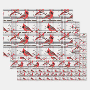 Feuille De Papier Cadeau Oiseaux cardinaux Noël hiver Tartan Plaid 4