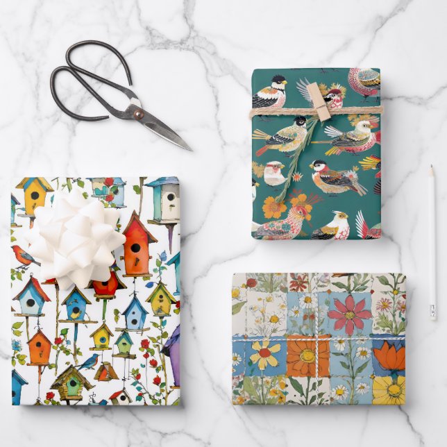 Feuille De Papier Cadeau Oiseaux Chaussures florales et Maisons d'oiseaux (Recto)
