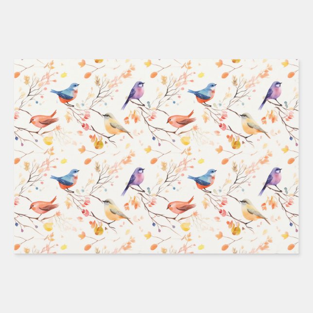 Feuille De Papier Cadeau Oiseaux d'aquarelle sur Motif de branche (Devant)