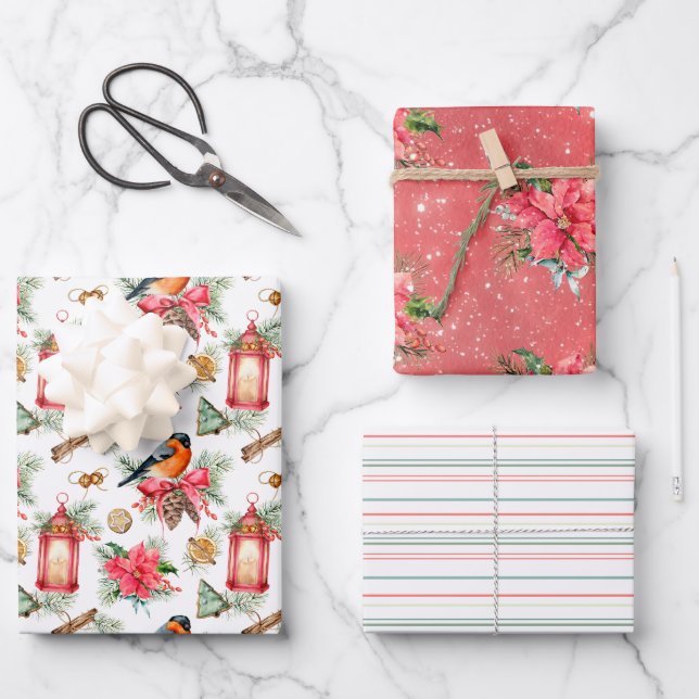 Feuille De Papier Cadeau Oiseaux de Noël, Cookies, Poinsettias et Stripes (Recto)