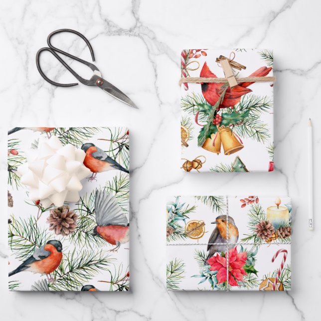 Feuille De Papier Cadeau Oiseaux de Noël Verdure (Recto)