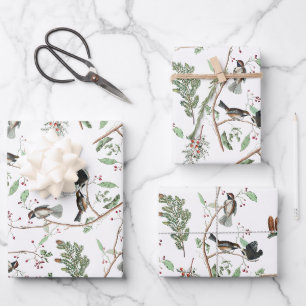 Feuille De Papier Cadeau Oiseaux de poulet Baies et Pinecones Aquarelle