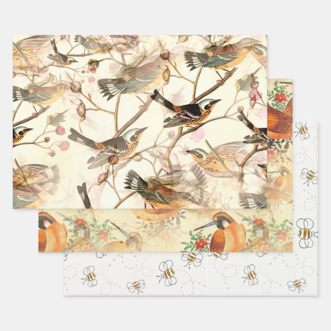 Feuille De Papier Cadeau Oiseaux et abeilles (Lot)