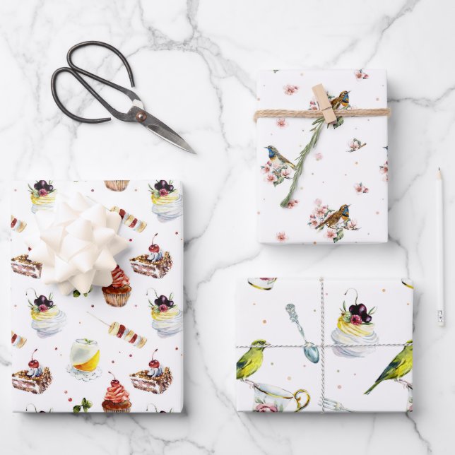 Feuille De Papier Cadeau Oiseaux et Desserts Réception de Mariage à l'aquar (Recto)