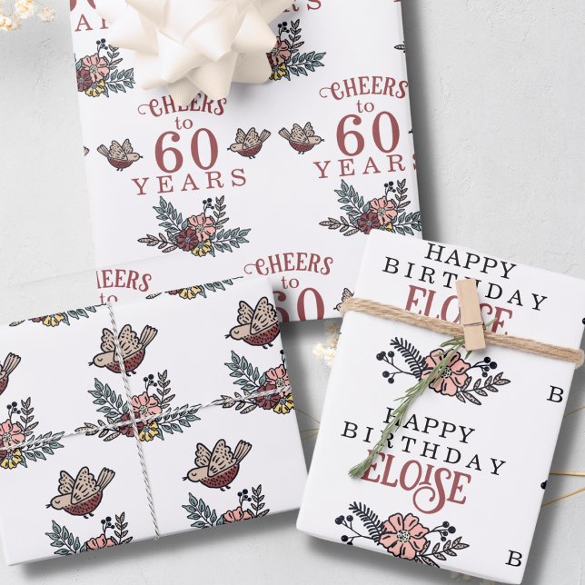 Feuille De Papier Cadeau Oiseaux et fleurs à l'année Anniversaire (Personalized Birthday Wrapping Paper for Her)