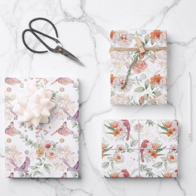 Feuille De Papier Cadeau Oiseaux et fleurs orange et rose (Recto)