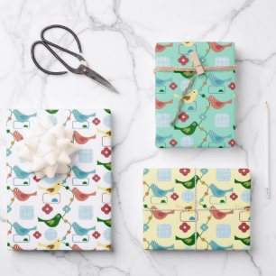 Feuille De Papier Cadeau Oiseaux Fleurs Rétro Moderne Motif du milieu du si