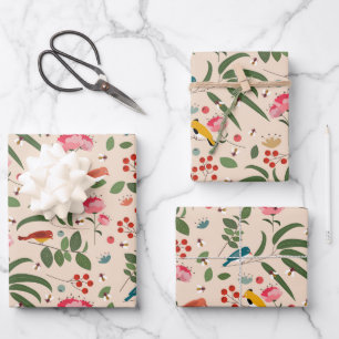 Feuille De Papier Cadeau Oiseaux floraux dessinés à la main Abeilles Motif 