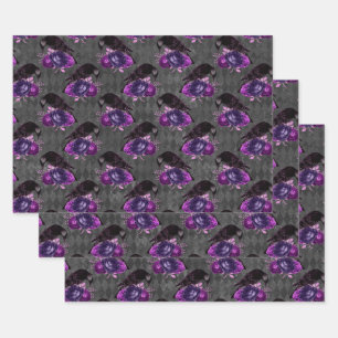 Feuille De Papier Cadeau Oiseaux noirs et Roses pourpres