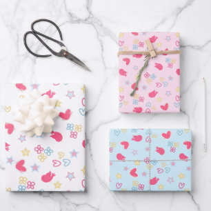 Feuille De Papier Cadeau Oiseaux roses et Coeurs d'Amour