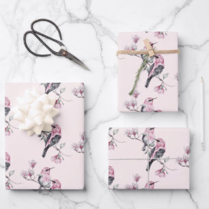 Feuille De Papier Cadeau Oiseaux roses et noirs sur un Motif de branche d'a