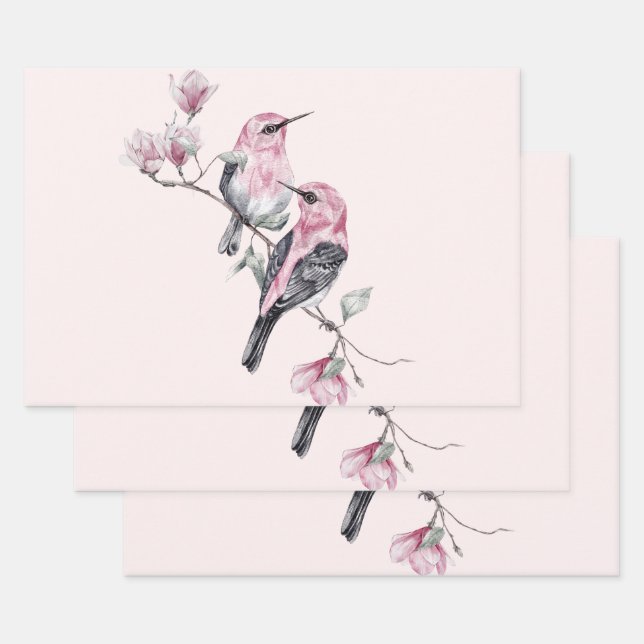 Feuille De Papier Cadeau Oiseaux roses et noirs sur une branche d'arbre (Lot)
