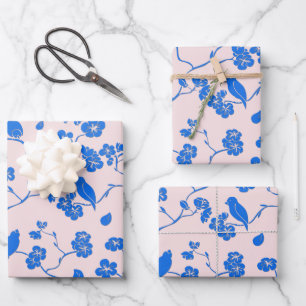 Feuille De Papier Cadeau Oiseaux sur fleurs de cerisier bleu sur rose