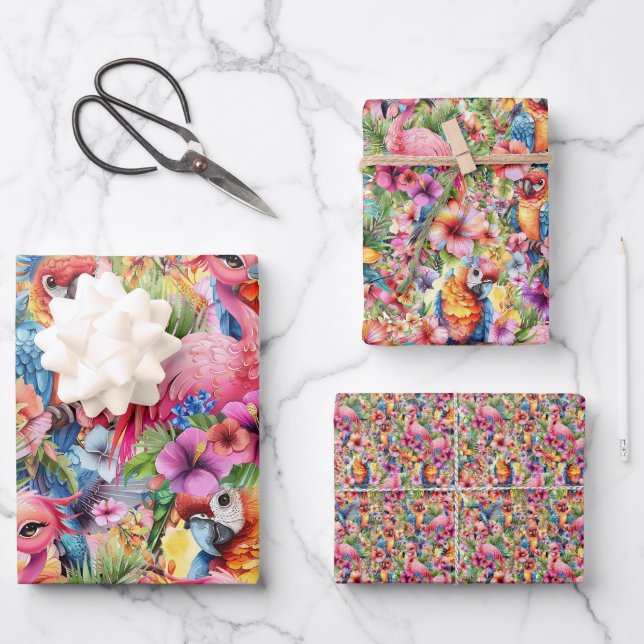 Feuille De Papier Cadeau Oiseaux tropicaux et fleurs (Recto)