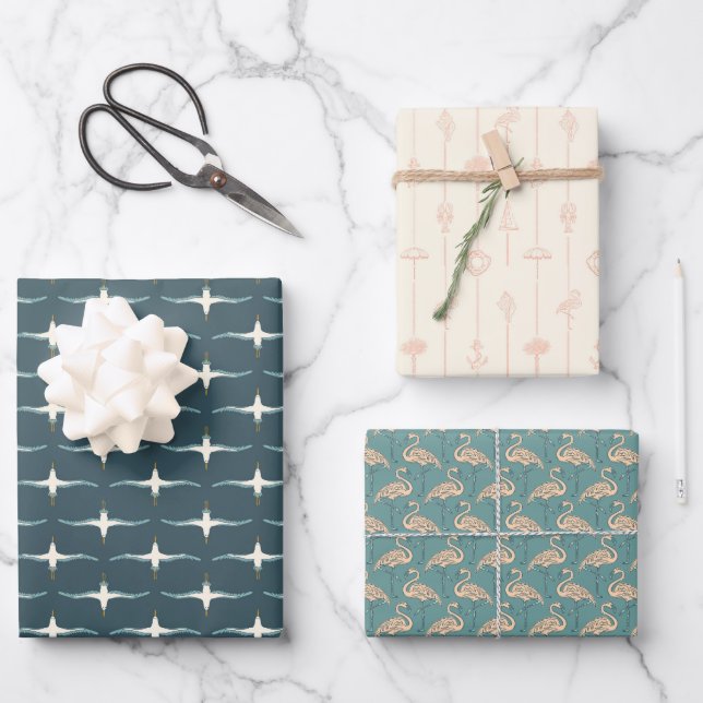 Feuille De Papier Cadeau Oiseaux tropicaux et plage côtière - Blues (Recto)