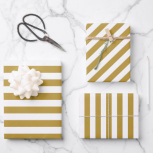 Feuille De Papier Cadeau Or de Noël & rayé blanc